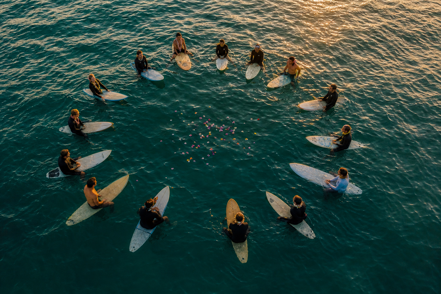 A circle of surfers gathered on the water at sunrise